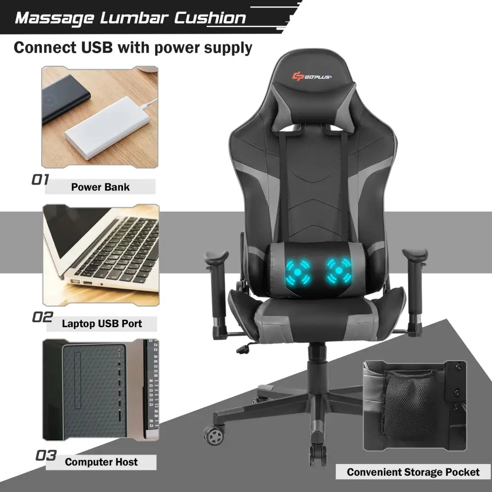 Reclining Swivel Massage Gaming Chair with Lumbar Support-Gray - Gray - Gaming Chairs