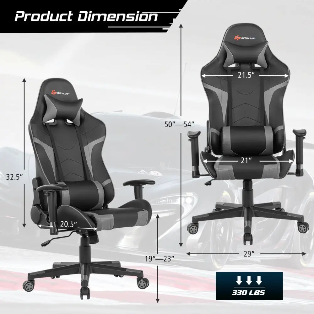 Reclining Swivel Massage Gaming Chair with Lumbar Support-Gray - Gray - Gaming Chairs