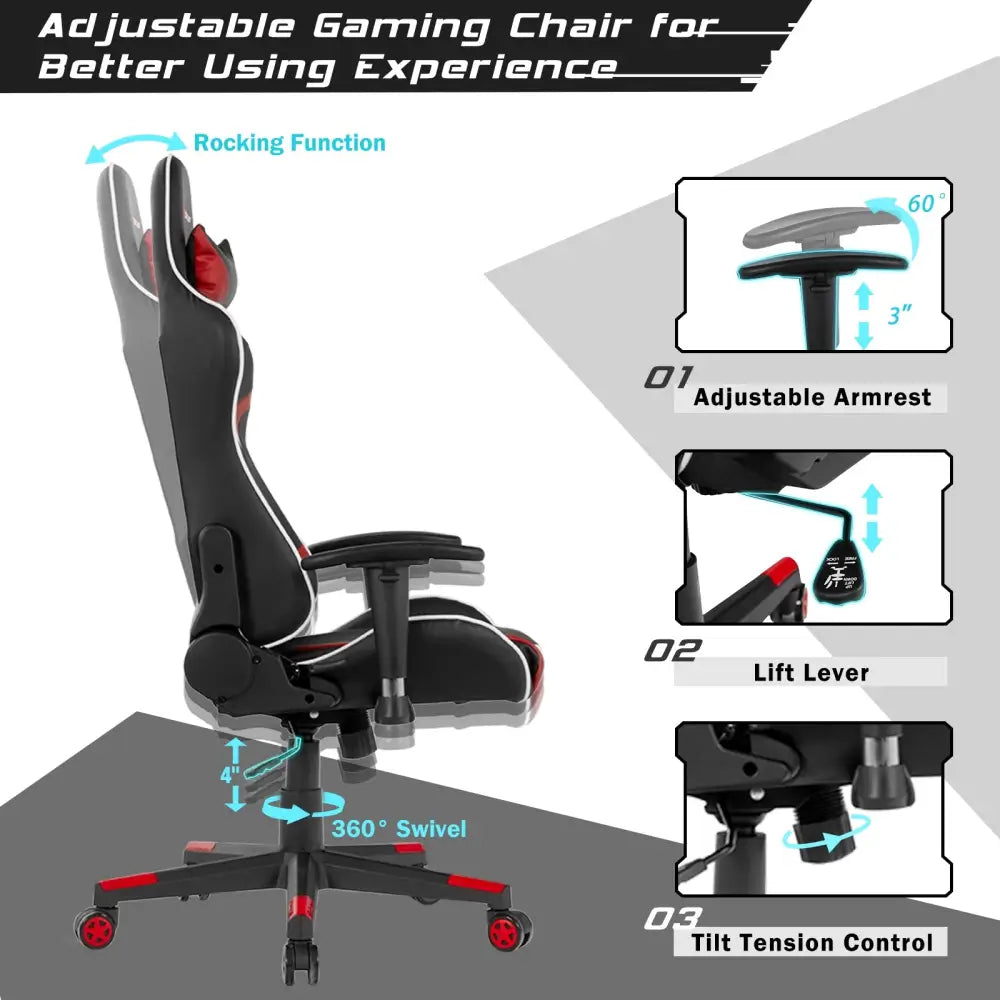 Reclining Swivel Massage Gaming Chair with Lumbar Support-Red - Red - Gaming Chairs