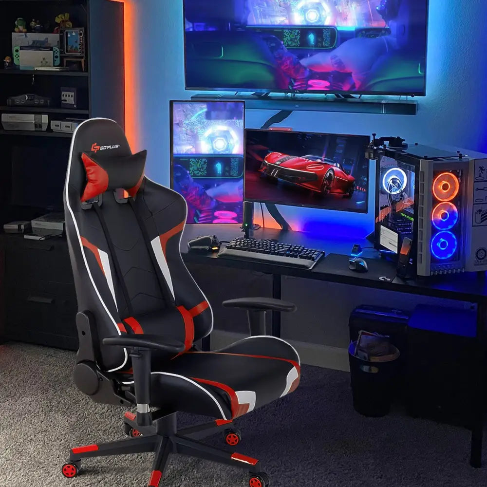 Reclining Swivel Massage Gaming Chair with Lumbar Support-Red - Red - Gaming Chairs