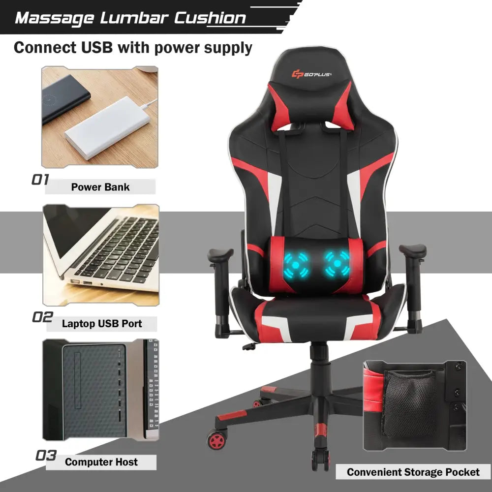 Reclining Swivel Massage Gaming Chair with Lumbar Support-Red - Red - Gaming Chairs