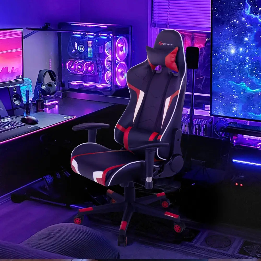 Reclining Swivel Massage Gaming Chair with Lumbar Support-Red - Red - Gaming Chairs