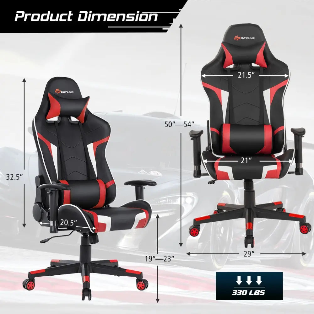 Reclining Swivel Massage Gaming Chair with Lumbar Support-Red - Red - Gaming Chairs