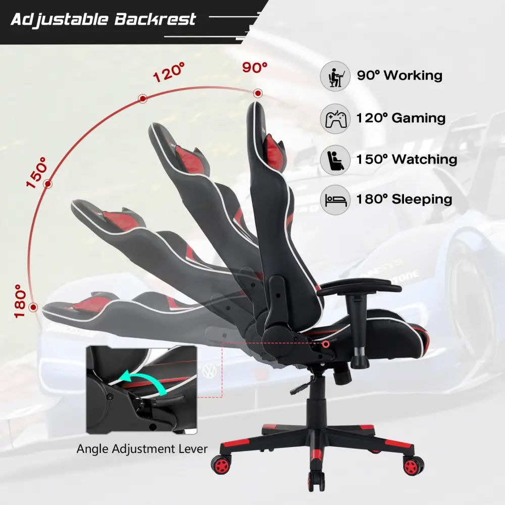 Reclining Swivel Massage Gaming Chair with Lumbar Support-Red - Red - Gaming Chairs