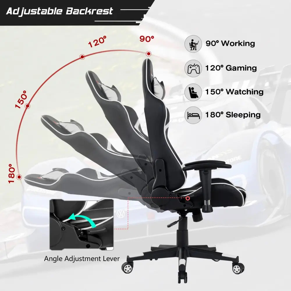 Reclining Swivel Massage Gaming Chair with Lumbar Support-White - White - Gaming Chairs