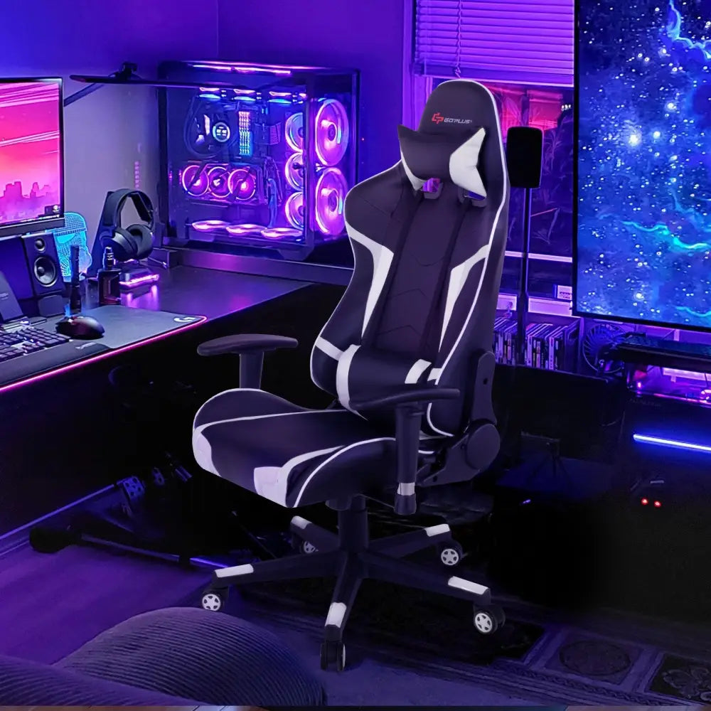 Reclining Swivel Massage Gaming Chair with Lumbar Support-White - White - Gaming Chairs