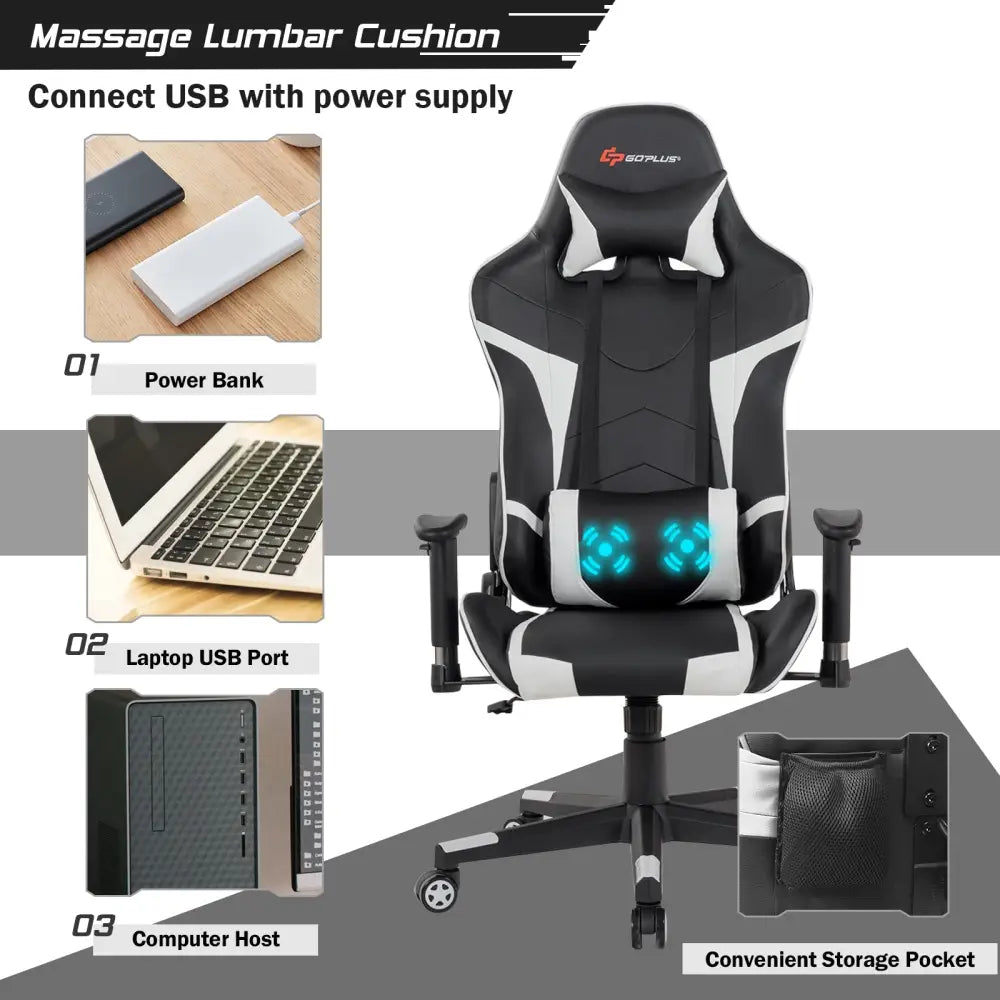 Reclining Swivel Massage Gaming Chair with Lumbar Support-White - White - Gaming Chairs