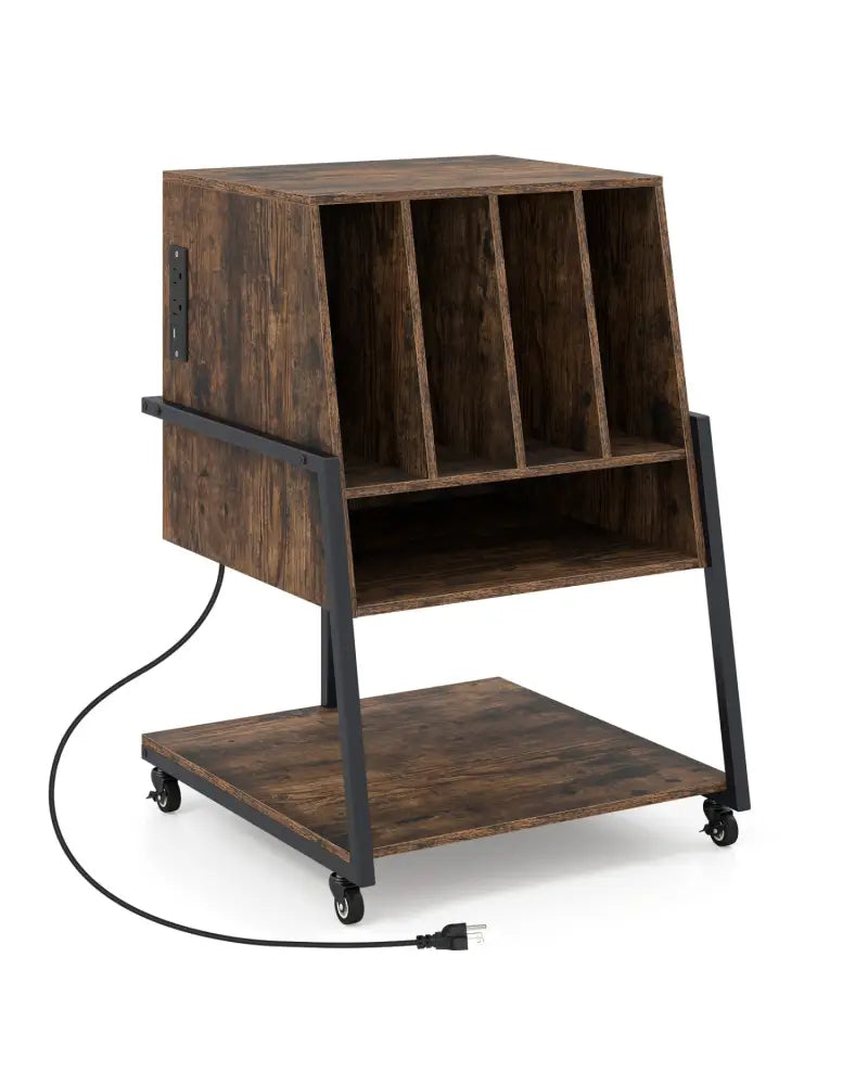 Record Player Stand on Wheels Rolling Turntable Stand with Power Outlets-Rustic Brown - Rustic Brown - End & Side Tables