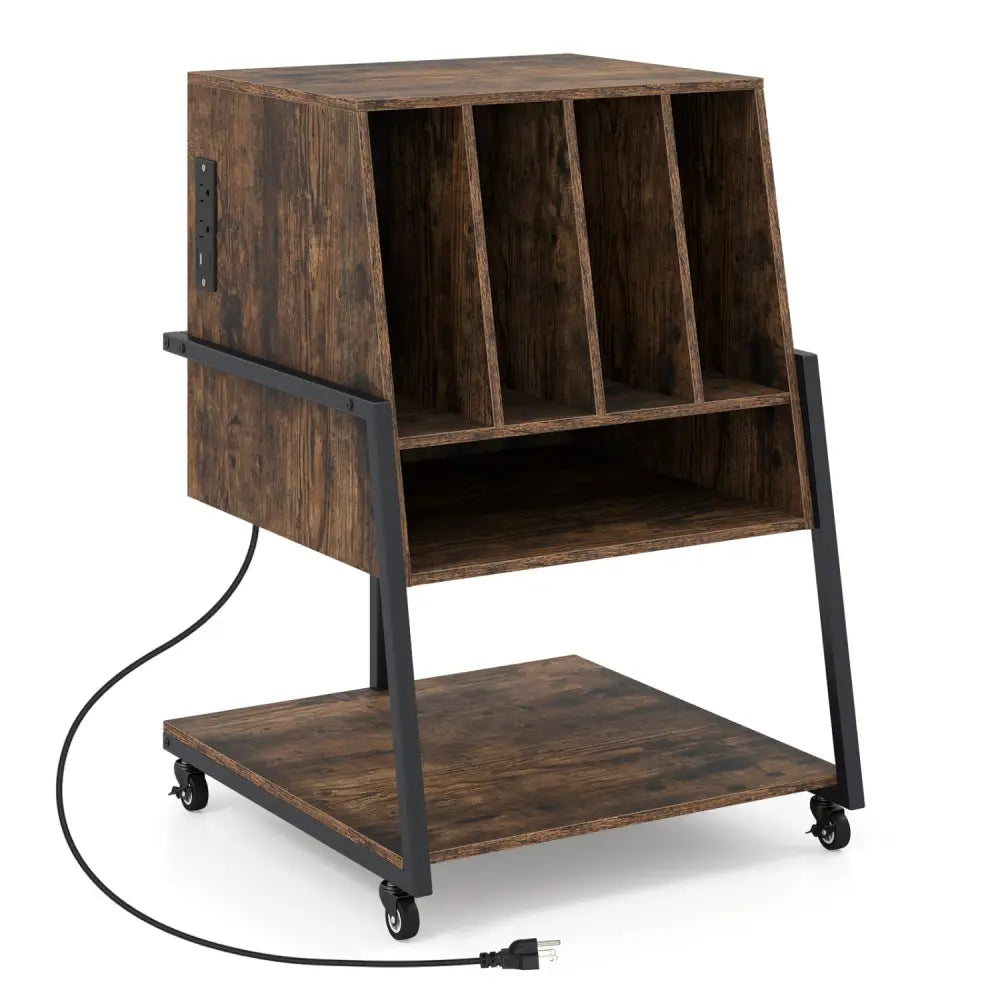 Record Player Stand on Wheels Rolling Turntable Stand with Power Outlets-Rustic Brown - Rustic Brown - End & Side Tables