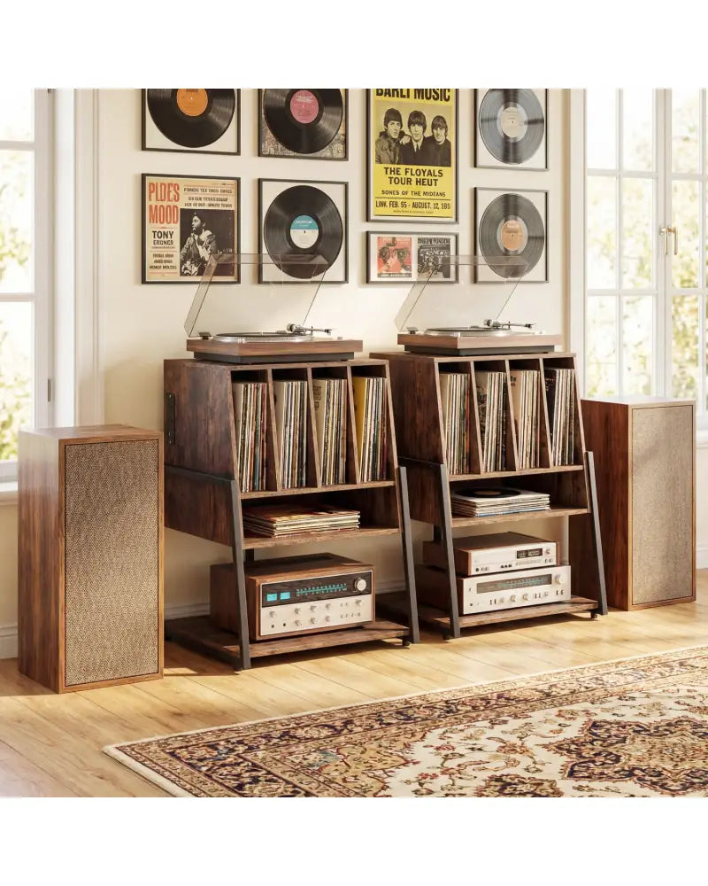 Record Player Stand on Wheels Rolling Turntable Stand with Power Outlets-Rustic Brown - Rustic Brown - End & Side Tables