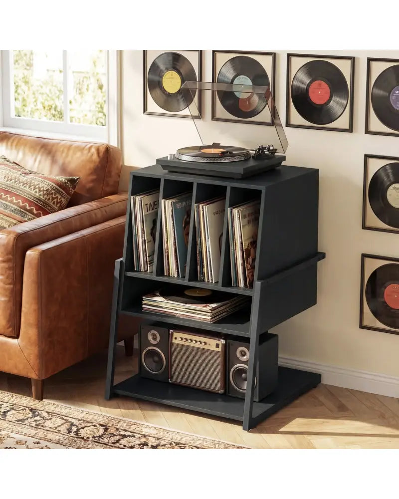 Record Player Stand on Wheels Rolling Turntable Stand with Power Outlets-Black - Black - End & Side Tables