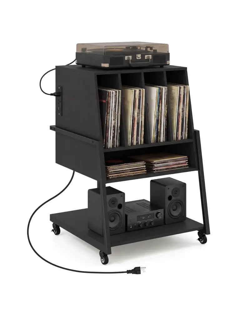 Record Player Stand on Wheels Rolling Turntable Stand with Power Outlets-Black - Black - End & Side Tables