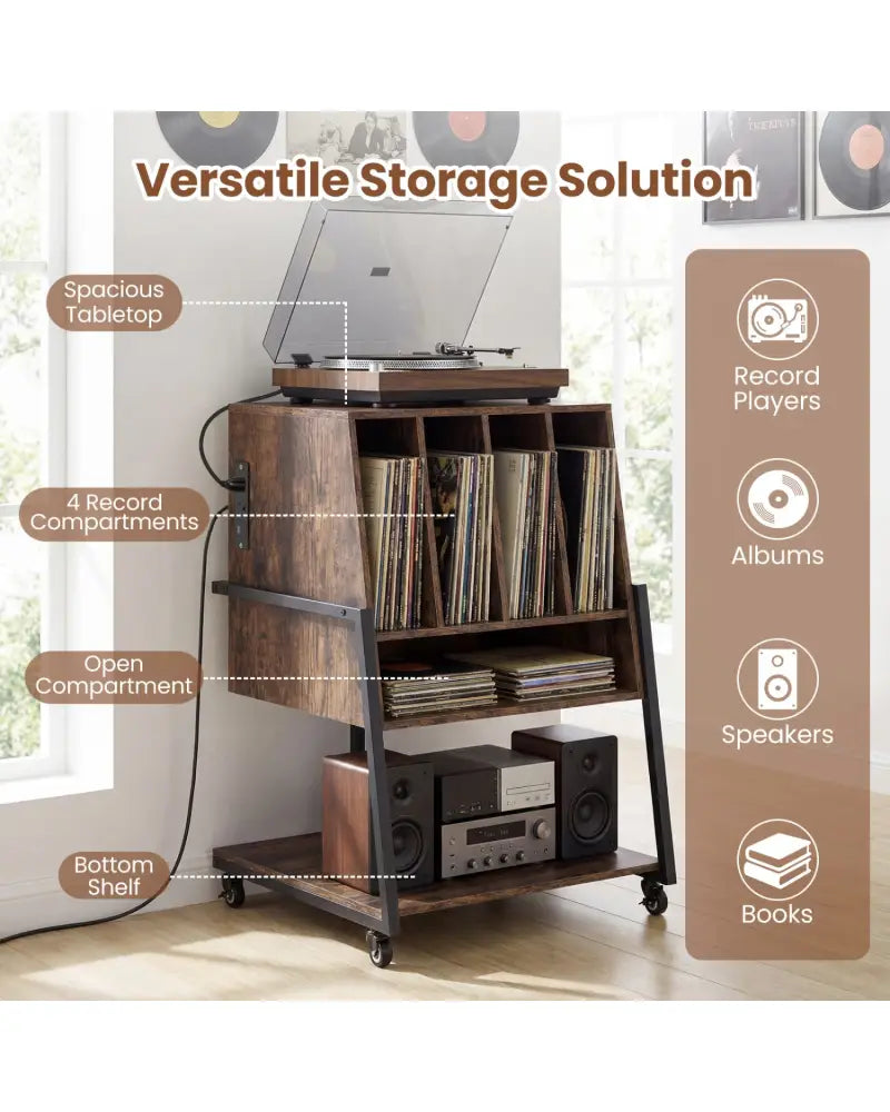 Record Player Stand on Wheels Rolling Turntable Stand with Power Outlets-Rustic Brown - Rustic Brown - End & Side Tables