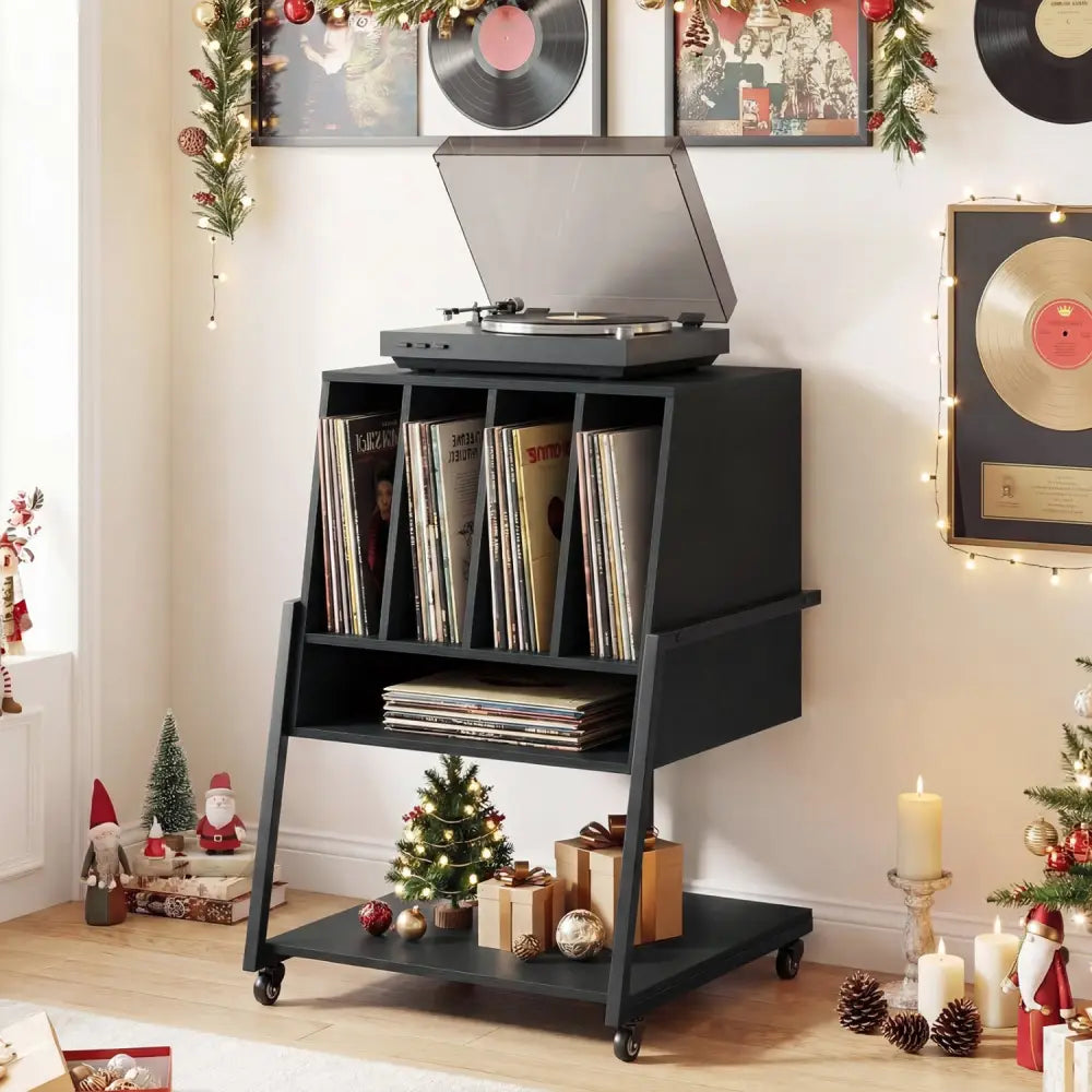 Record Player Stand on Wheels Rolling Turntable Stand with Power Outlets-Black - Black - End & Side Tables