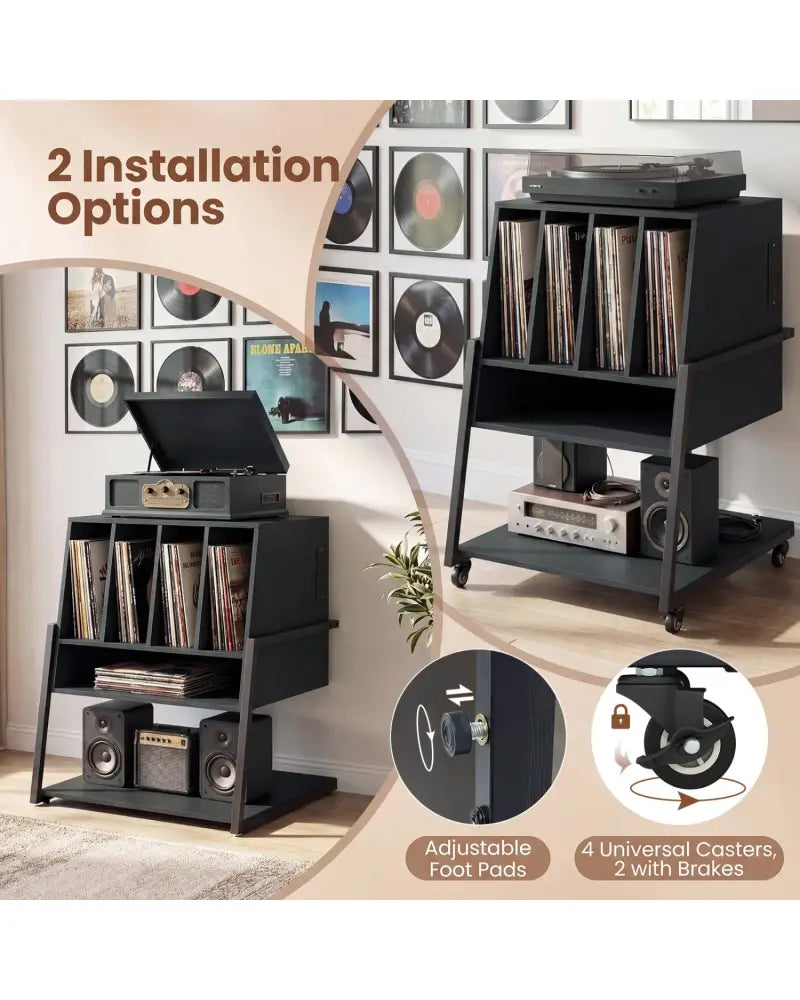 Record Player Stand on Wheels Rolling Turntable Stand with Power Outlets-Black - Black - End & Side Tables