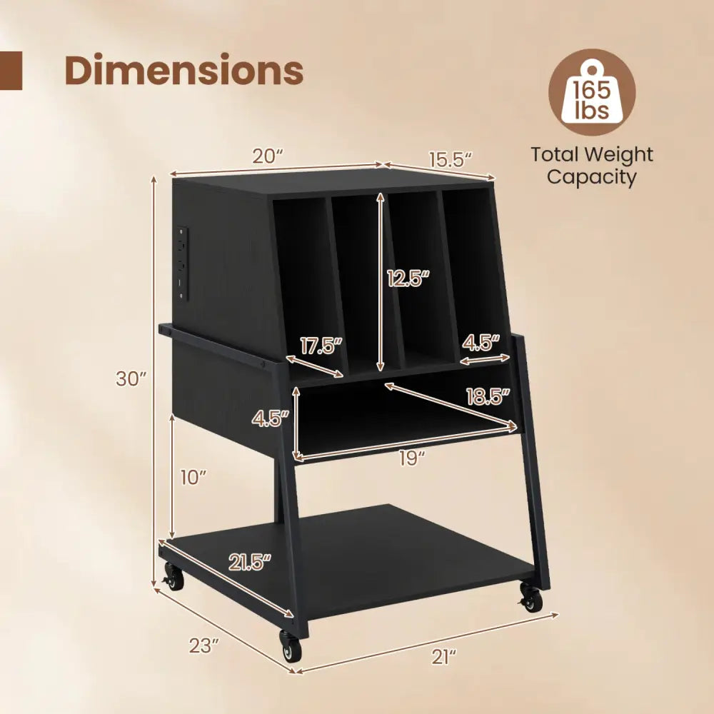 Record Player Stand on Wheels Rolling Turntable Stand with Power Outlets-Black - Black - End & Side Tables