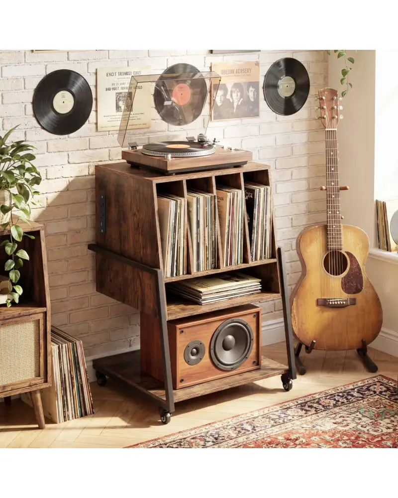 Record Player Stand on Wheels Rolling Turntable Stand with Power Outlets-Rustic Brown - Rustic Brown - End & Side Tables