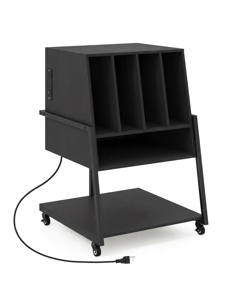 Record Player Stand on Wheels Rolling Turntable Stand with Power Outlets-Black - Black - End & Side Tables