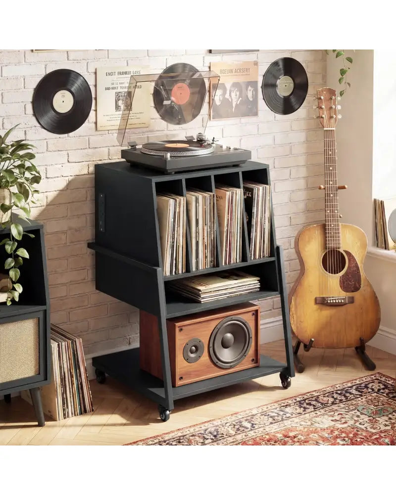Record Player Stand on Wheels Rolling Turntable Stand with Power Outlets-Black - Black - End & Side Tables