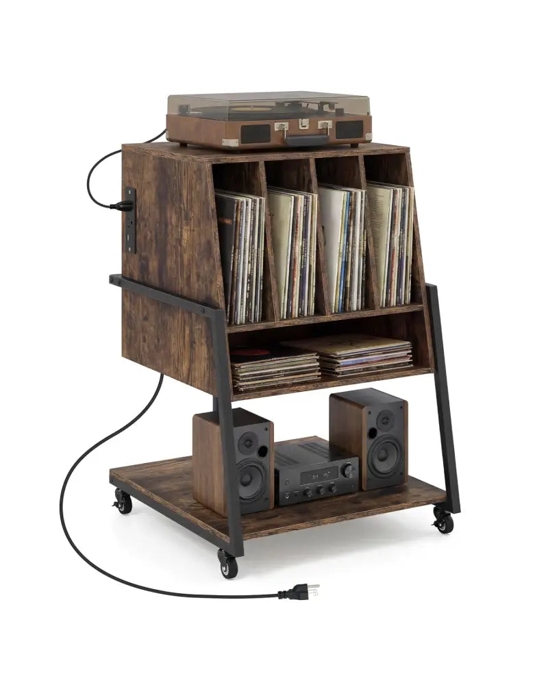 Record Player Stand on Wheels Rolling Turntable Stand with Power Outlets-Rustic Brown - Rustic Brown - End & Side Tables