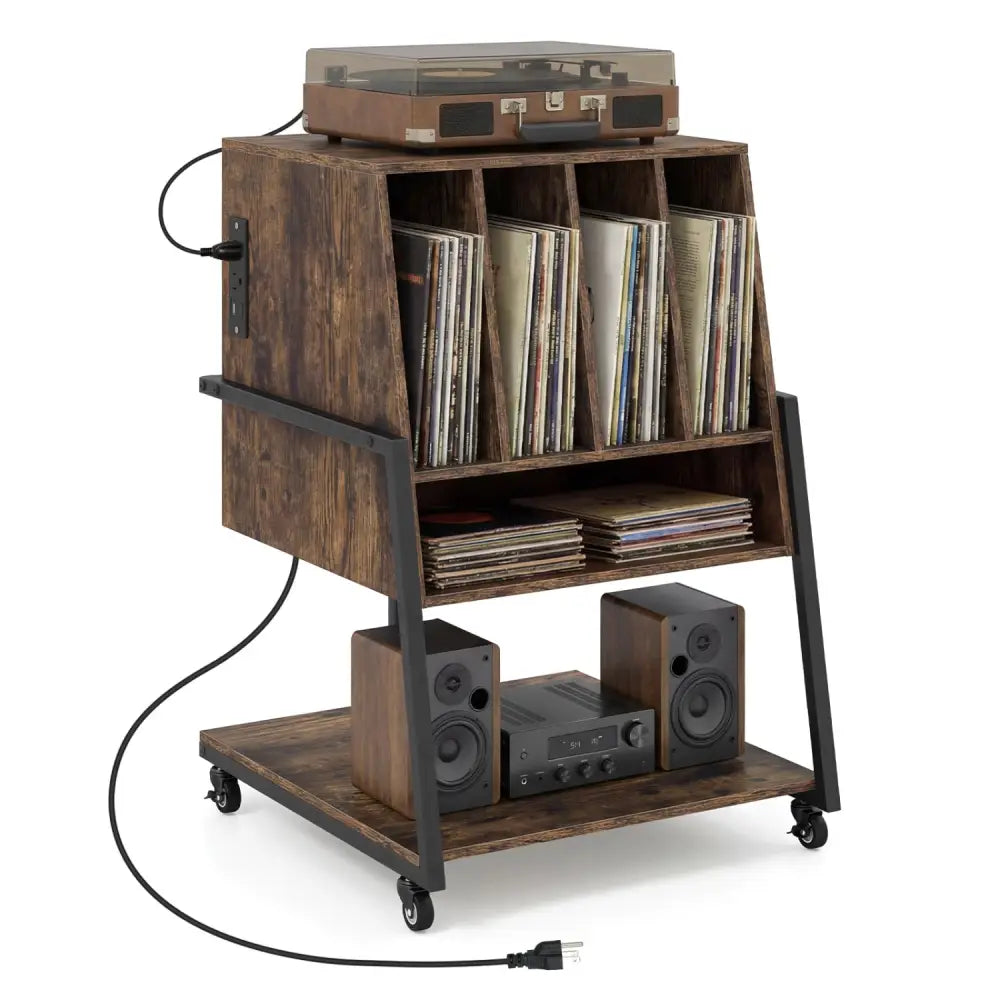 Record Player Stand on Wheels Rolling Turntable Stand with Power Outlets-Rustic Brown - Rustic Brown - End & Side Tables