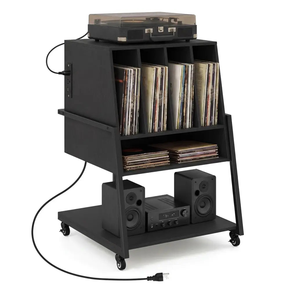 Record Player Stand on Wheels Rolling Turntable Stand with Power Outlets-Black - Black - End & Side Tables