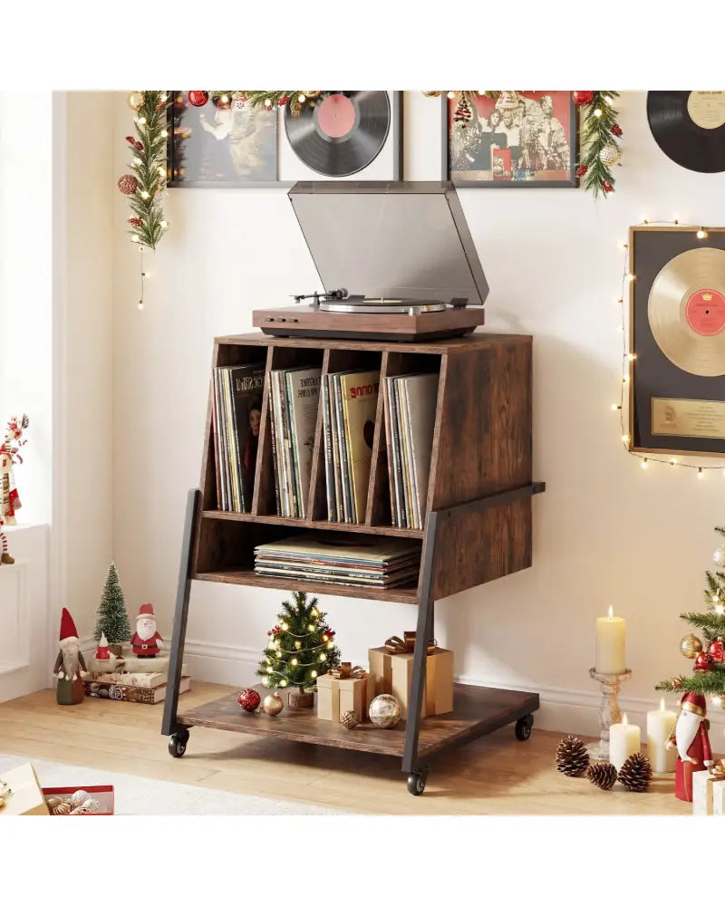 Record Player Stand on Wheels Rolling Turntable Stand with Power Outlets-Rustic Brown - Rustic Brown - End & Side Tables