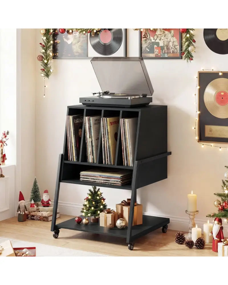 Record Player Stand on Wheels Rolling Turntable Stand with Power Outlets-Black - Black - End & Side Tables