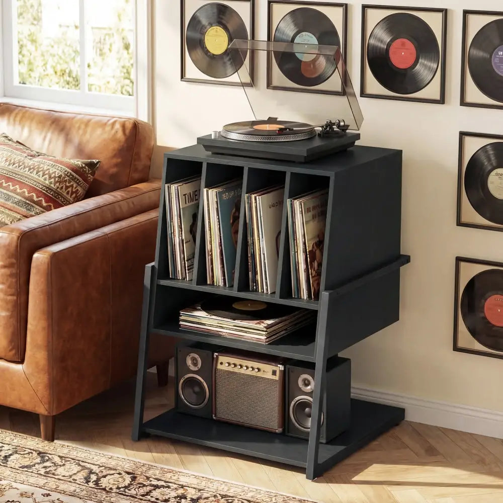 Record Player Stand on Wheels Rolling Turntable Stand with Power Outlets-Black - Black - End & Side Tables