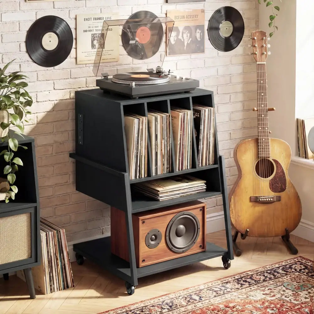 Record Player Stand on Wheels Rolling Turntable Stand with Power Outlets-Black - Black - End & Side Tables