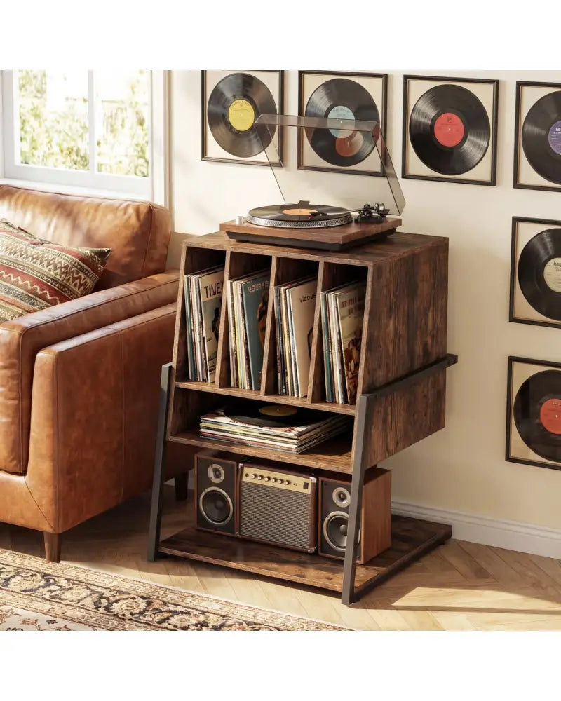 Record Player Stand on Wheels Rolling Turntable Stand with Power Outlets-Rustic Brown - Rustic Brown - End & Side Tables