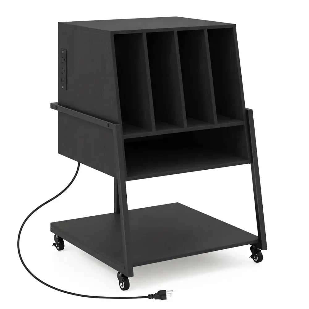 Record Player Stand on Wheels Rolling Turntable Stand with Power Outlets-Black - Black - End & Side Tables