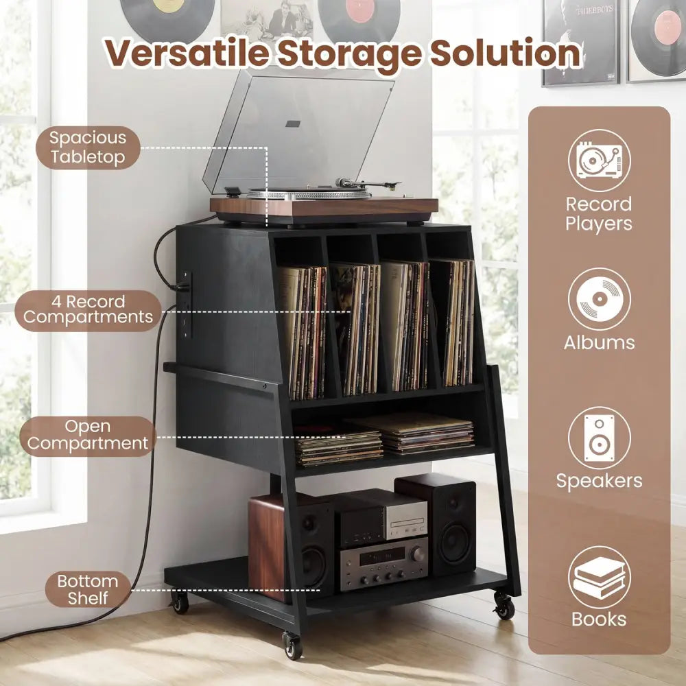 Record Player Stand on Wheels Rolling Turntable Stand with Power Outlets-Black - Black - End & Side Tables