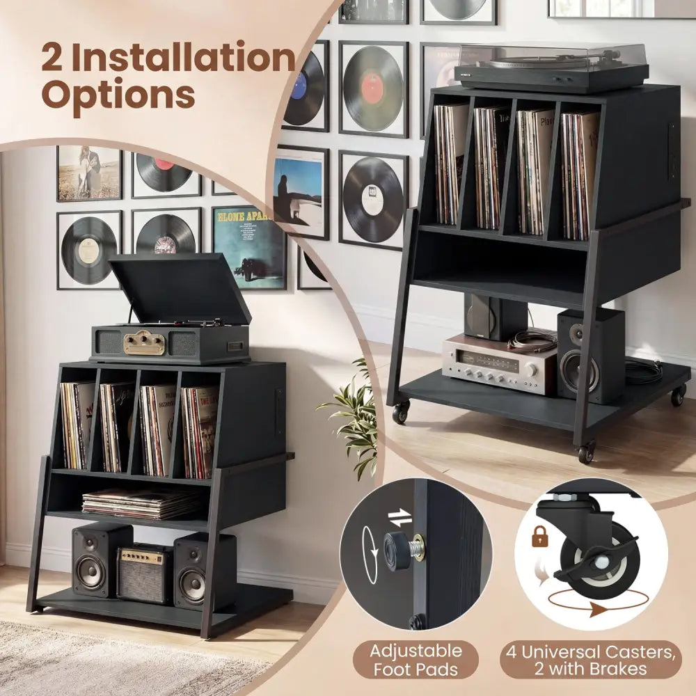 Record Player Stand on Wheels Rolling Turntable Stand with Power Outlets-Black - Black - End & Side Tables