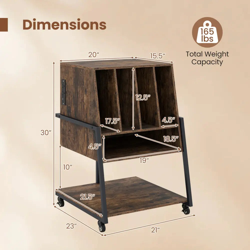 Record Player Stand on Wheels Rolling Turntable Stand with Power Outlets-Rustic Brown - Rustic Brown - End & Side Tables