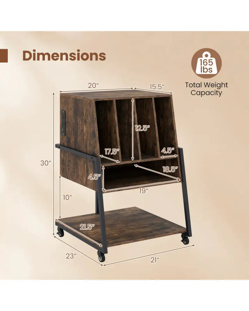 Record Player Stand on Wheels Rolling Turntable Stand with Power Outlets-Rustic Brown - Rustic Brown - End & Side Tables
