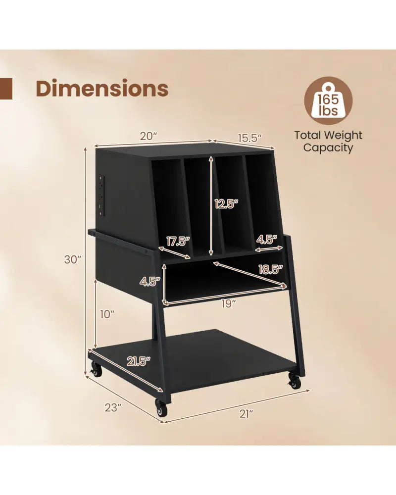 Record Player Stand on Wheels Rolling Turntable Stand with Power Outlets-Black - Black - End & Side Tables