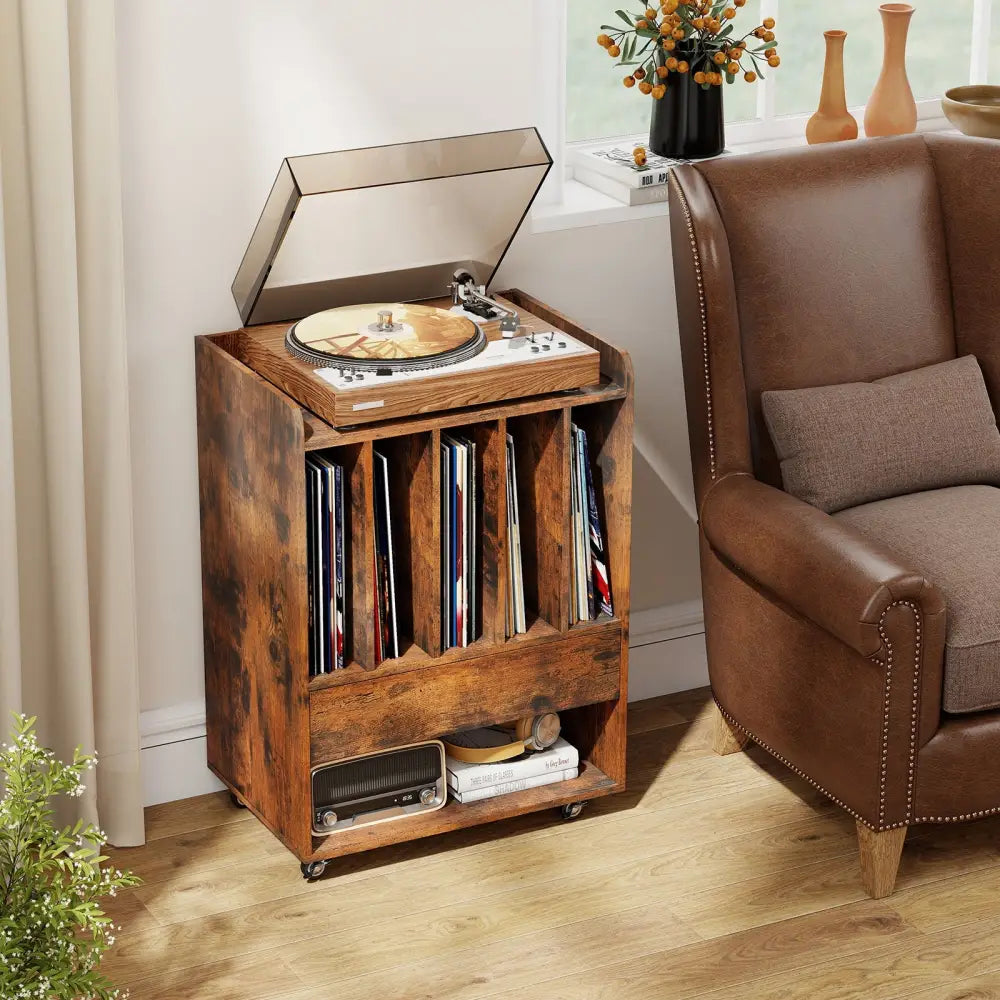 Record Player Stand Turntable Stand with Drawer and Record Holder-Brown - Brown - Cabinets & Chests