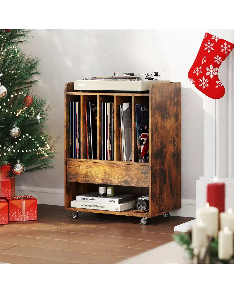 Record Player Stand Turntable Stand with Drawer and Record Holder-Brown - Brown - Cabinets & Chests