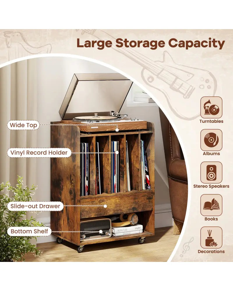 Record Player Stand Turntable Stand with Drawer and Record Holder-Brown - Brown - Cabinets & Chests
