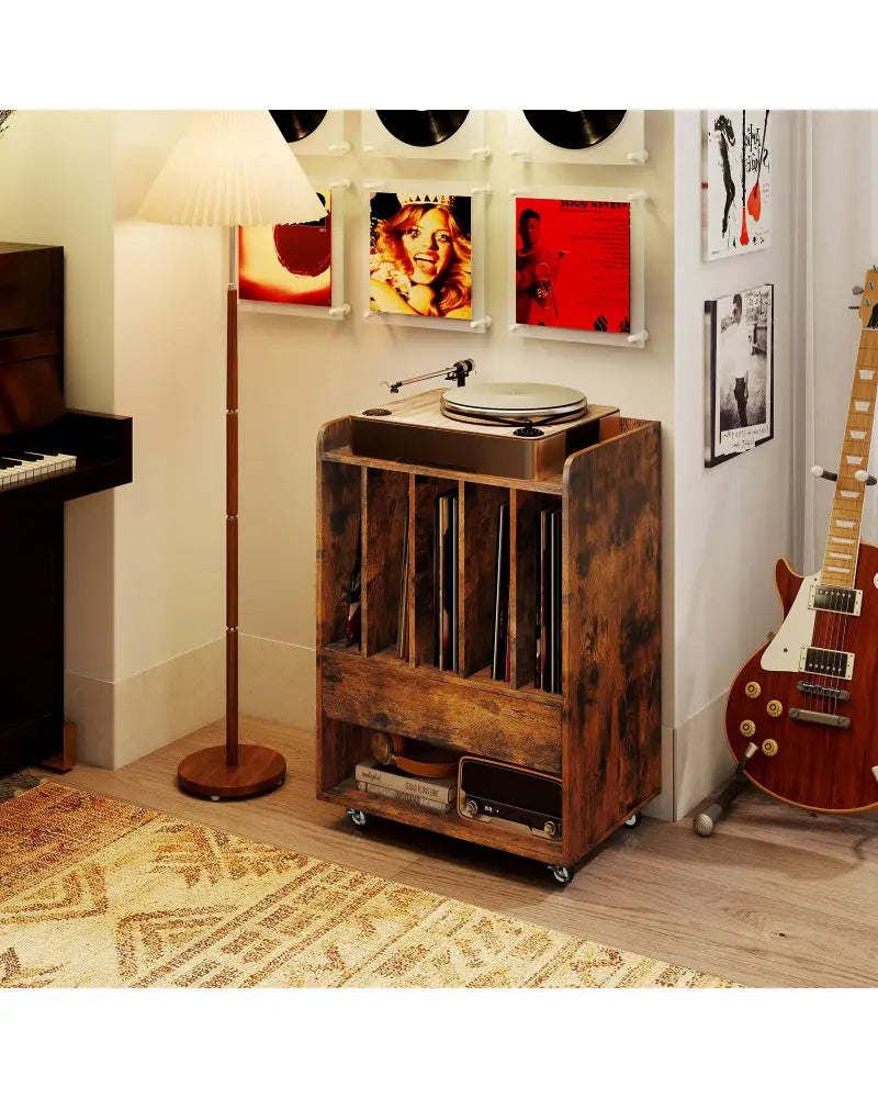 Record Player Stand Turntable Stand with Drawer and Record Holder-Brown - Brown - Cabinets & Chests