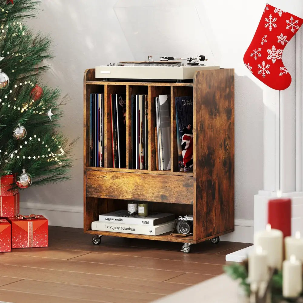 Record Player Stand Turntable Stand with Drawer and Record Holder-Brown - Brown - Cabinets & Chests