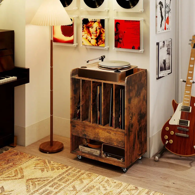 Record Player Stand Turntable Stand with Drawer and Record Holder-Brown - Brown - Cabinets & Chests