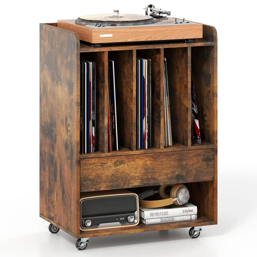 Record Player Stand Turntable Stand with Drawer and Record Holder-Brown - Brown - Cabinets & Chests