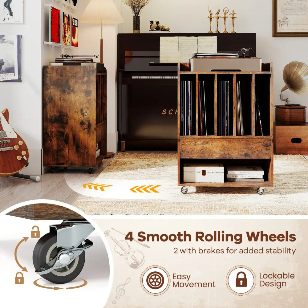 Record Player Stand Turntable Stand with Drawer and Record Holder-Brown - Brown - Cabinets & Chests