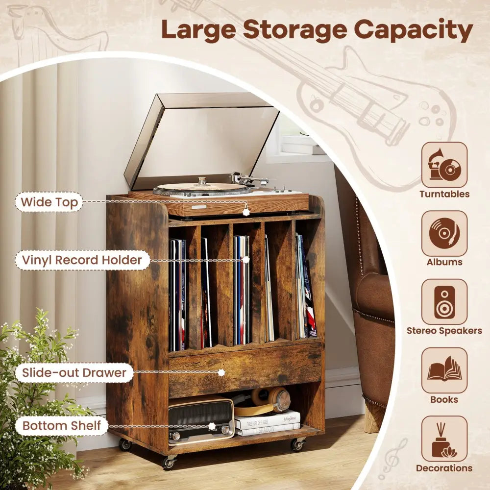 Record Player Stand Turntable Stand with Drawer and Record Holder-Brown - Brown - Cabinets & Chests