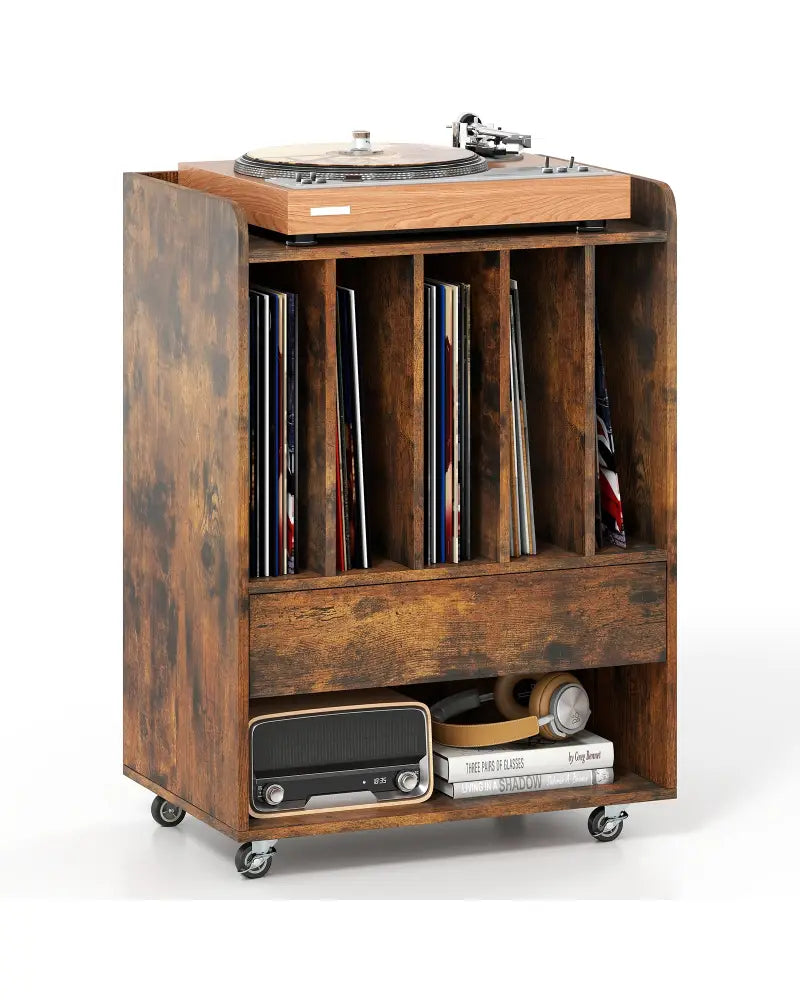 Record Player Stand Turntable Stand with Drawer and Record Holder-Brown - Brown - Cabinets & Chests