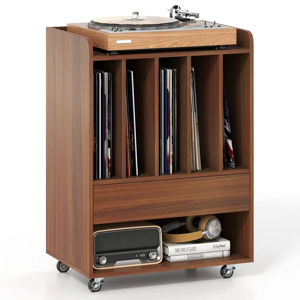 Record Player Stand Turntable Stand with Drawer and Record Holder-Walnut - Walnut - Cabinets & Chests