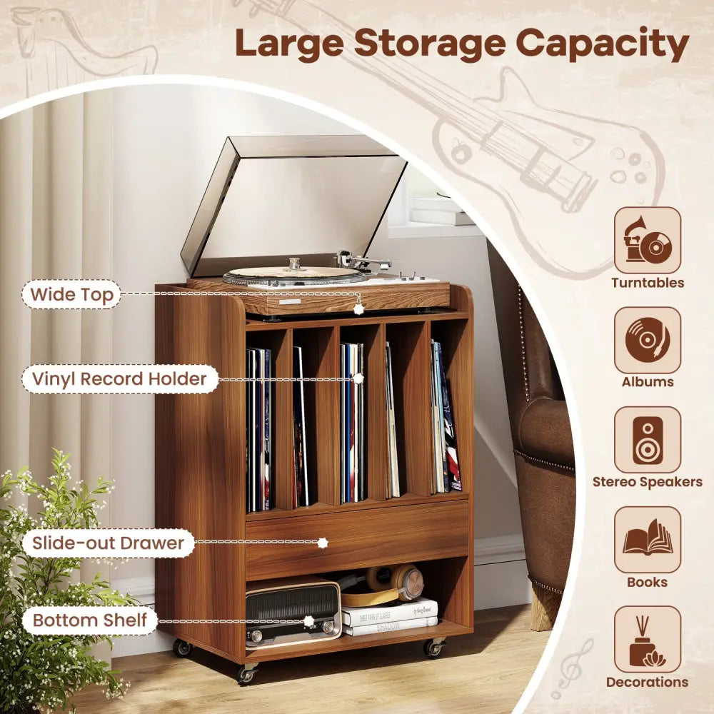 Record Player Stand Turntable Stand with Drawer and Record Holder-Walnut - Walnut - Cabinets & Chests