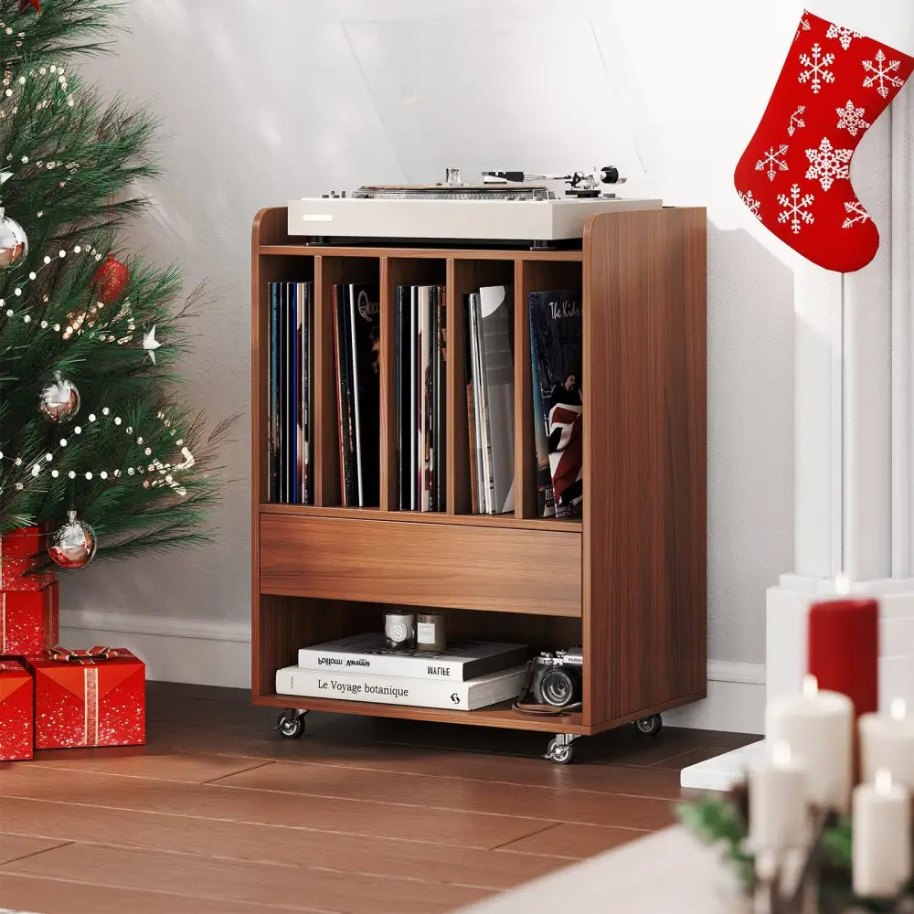 Record Player Stand Turntable Stand with Drawer and Record Holder-Walnut - Walnut - Cabinets & Chests
